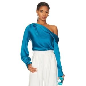 Simkhai Alice Off Shoulder Blouse Draped Satin Long Sleeve Phthalo Blue XS NWT